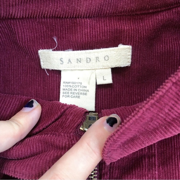 Sandro • burgundy corduroy jacket cropped 3/4 sleeve ruffle trim zip front - Picture 4 of 6